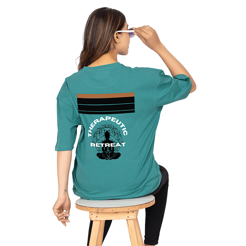 Women Teal Green Oversized Printed Tshirt: Therapeutic Retreat