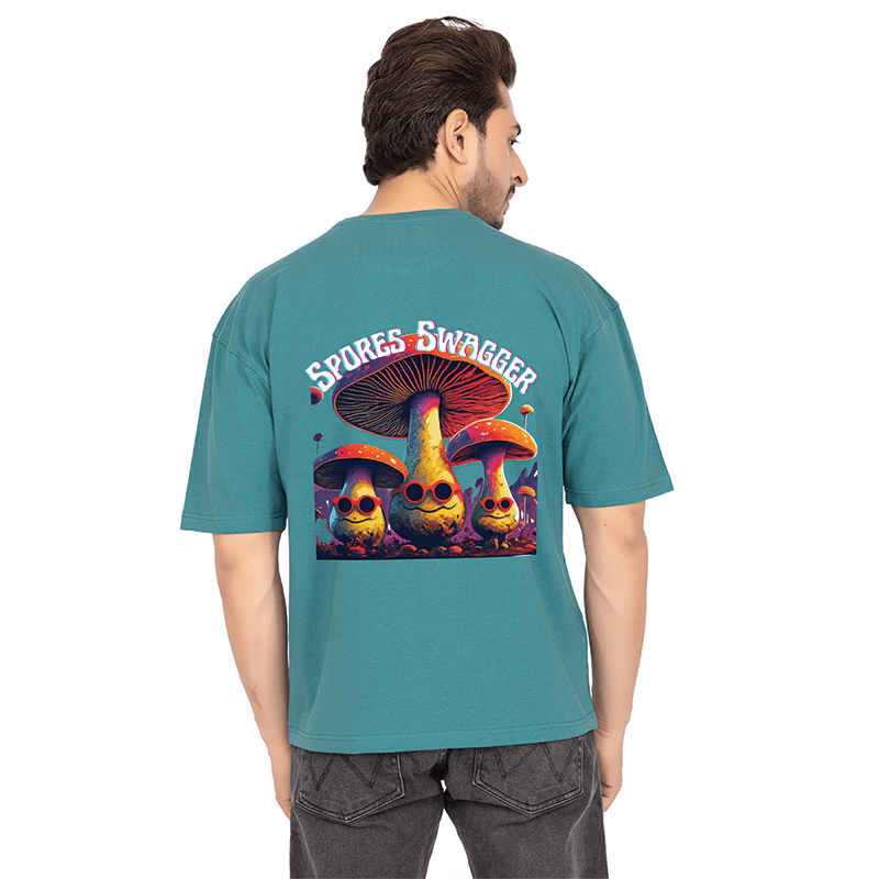 Men Teal Green Oversized Printed T-shirt: Spores Swagger