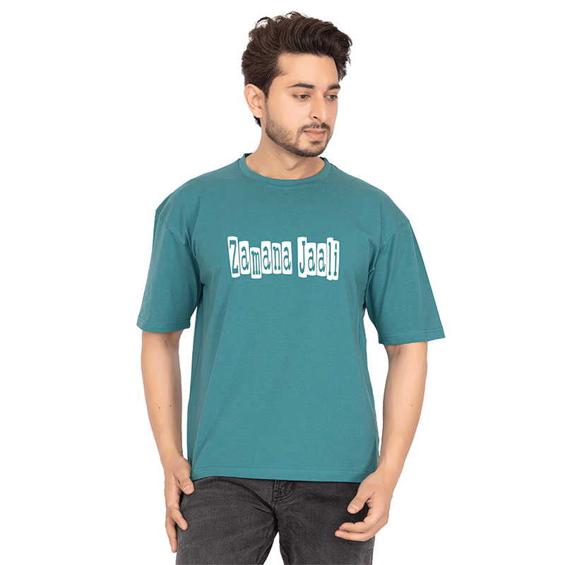Men Teal Green Oversized Printed T-shirt: Zamana Jaali