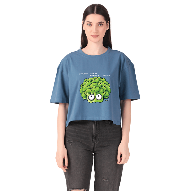 Women Blue Printed Crop Top: Trust Your Crazy Ideas