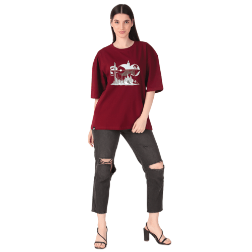 Men Maroon Oversized Printed T-shirt: Futuristic