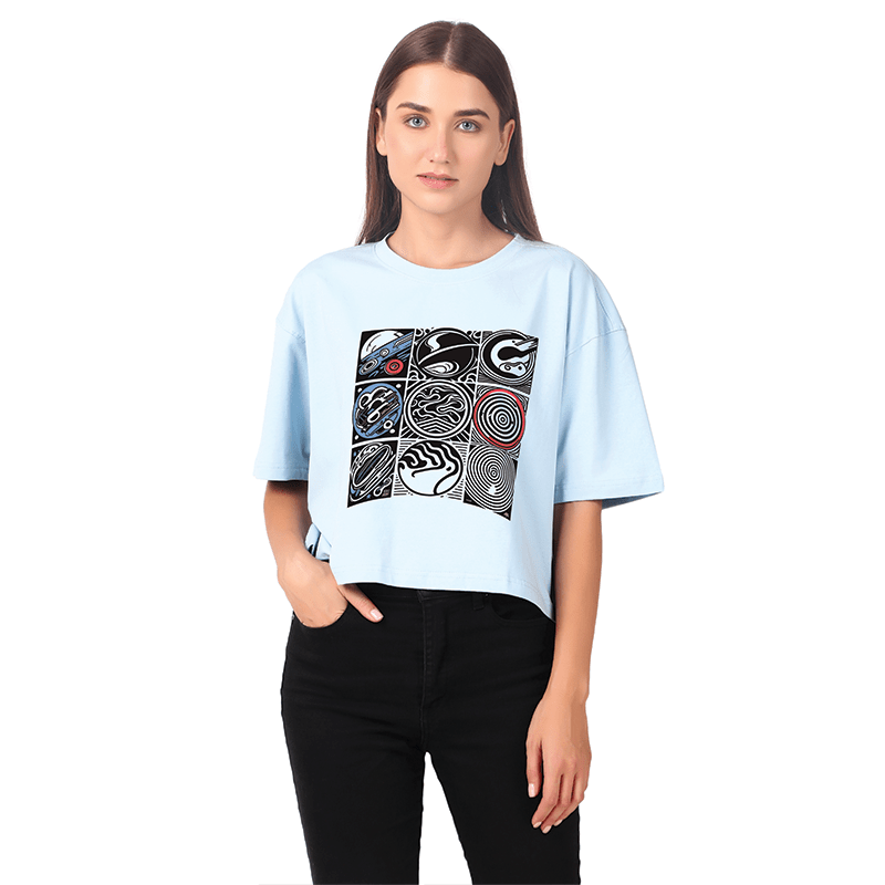 Women Blue Printed Crop Top: Galactic Odyssey