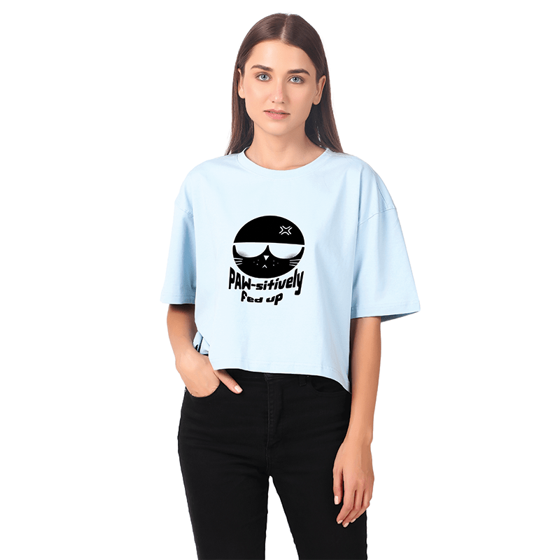 Women Blue Printed Crop Top: Paw-sitively Fed-Up